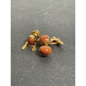 Vintage Goldstone Cufflinks & Tie Tack Set Gold Tone